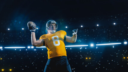 Aesthetic Shot of Athletic American Football Player Throwing a Ball on Black Background Under...