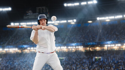 Aesthetic Shot of Batter Successfully Hitting A Ball Thrown By Pitcher on Stadium With Crowd...