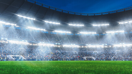 Aesthetic Shot of Empty Soccer Football Stadium With Crowd Of Fans Cheering in Excitement Before...