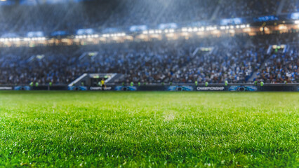 Shot of Empty Football Soccer Stadium. International Tournament Concept. A crowd of Fans Cheer on...