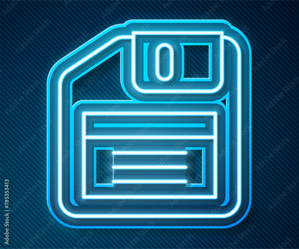 Poster glowing neon line floppy disk for computer data storage icon isolated on blue background. diskette s
