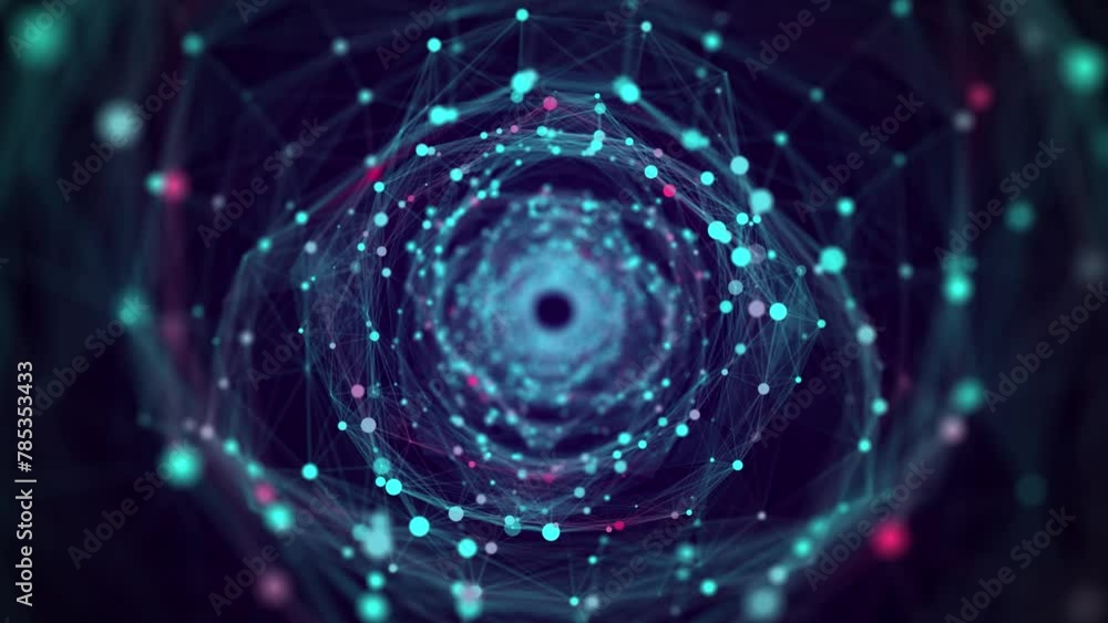 Poster cyber tunnel consisting of moving glowing points. futuristic infinite space background. concept of d