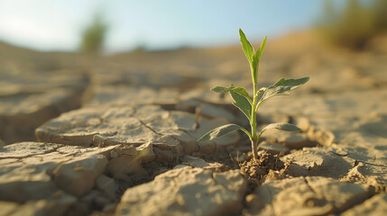 Little green plant, growing up in a dry dessert soil