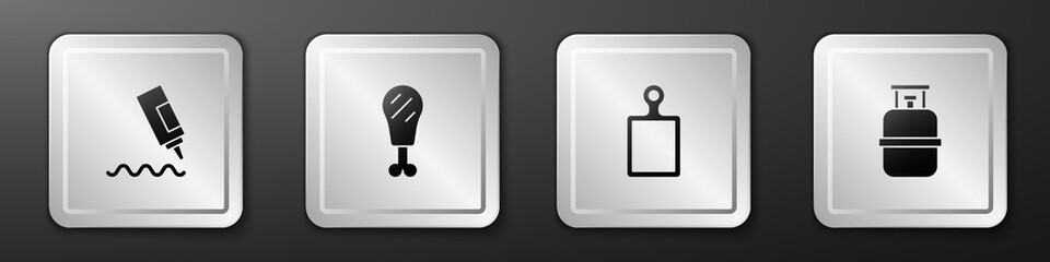 Set Sauce bottle, Chicken leg, Cutting board and Propane gas tank icon. Silver square button. Vector