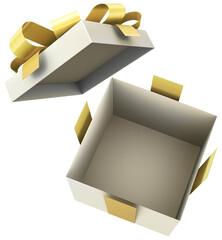 A top-down view of an empty white gift box with the lid open, adorned with a golden ribbon and bow. 3D illustration