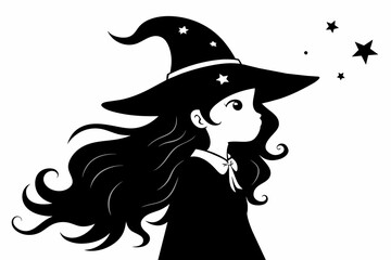 Black and white Cute witch with long hair looking up in the camera. Profile picture silhouette vector