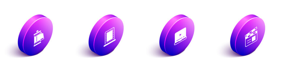Set Isometric Camera roll cartridge, Makeup mirror with lights, Online play video and Movie clapper icon. Vector
