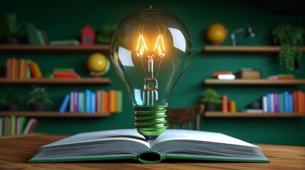 Light bulb illuminating a book, The power of knowledge and ideas - obrazy, fototapety, plakaty