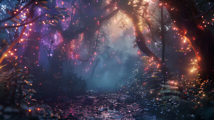 Deep in a forest of unique psychedelic trees. neon rainbow light. the mystical lighting is truly...