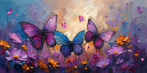 Colorful purple tropical butterflies flying over bright flowers at sunrise. painted with oil paints. bright summer background