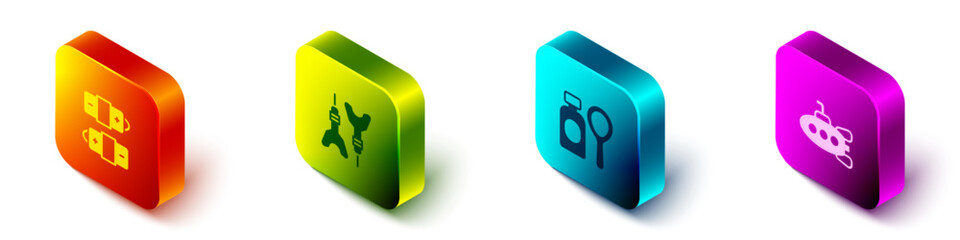 Set Isometric Battery, Dart arrow, Soap bubbles bottle and Submarine toy icon. Vector