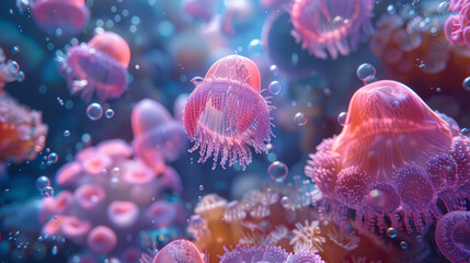 A group of pink jellyfish are floating in the water. The jellyfish are in various sizes and are scattered throughout the image. Scene is calm and serene, as the jellyfish float peacefully in the water - obrazy, fototapety, plakaty
