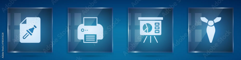 Poster set note paper with push button, printer, board graph and tie. square glass panels. vector