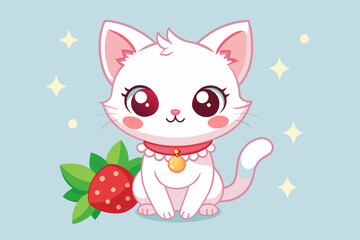 A kitty with a strawberry necklace