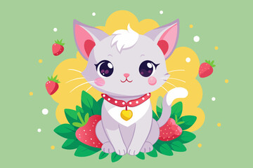 A kitty with a strawberry necklace