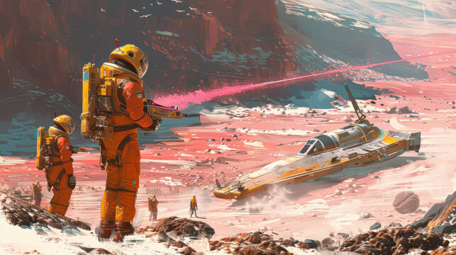 A group of astronauts are standing on a rocky, red planet. One of them is holding a gun