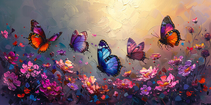 Colorful purple tropical butterflies flying over bright flowers at sunrise. painted with oil paints. bright summer background