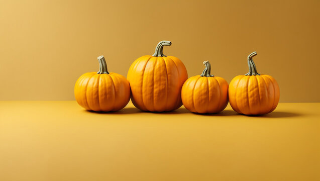 Four pumpkins on a solid background in a row