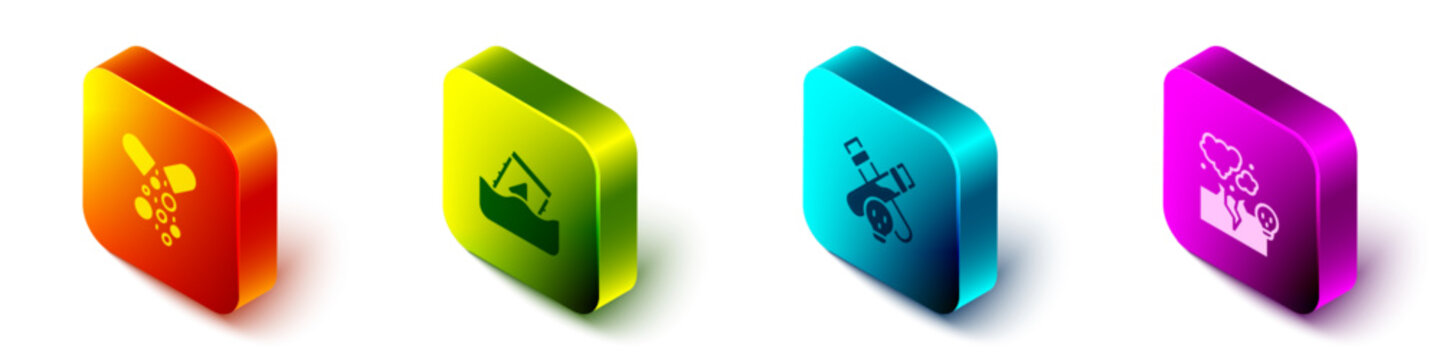 Set Isometric Poisoned pill, Radioactive waste in barrel, Bottle with potion and Poisonous cloud of gas or smoke icon. Vector