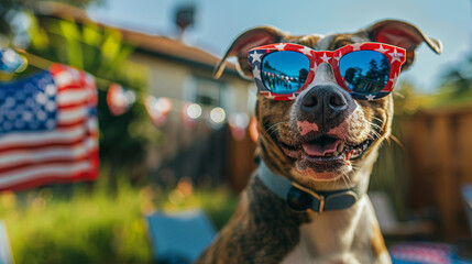 A dog wearing sunglasses and a red, white, and blue American flag. The dog is smiling and he is enjoying the patriotic theme