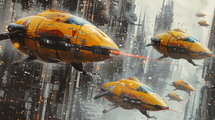 A group of yellow spaceships flying through a city with a lot of smoke and fire. Scene is intense and chaotic