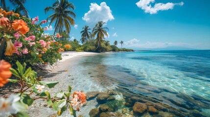 Tropical Serenity: Crystal Waters & Blooming Paradise. Concept Tropical Scenes, Tranquil Waters, Vibrant Flora, Relaxation Retreat - obrazy, fototapety, plakaty
