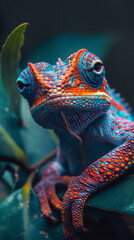A colorful lizard is sitting on a leaf. The lizard is bright blue and red with yellow spots - obrazy, fototapety, plakaty