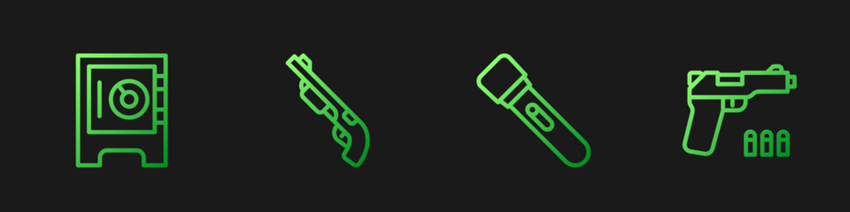 Set line Flashlight, Safe, Police shotgun and Pistol or. Gradient color icons. Vector