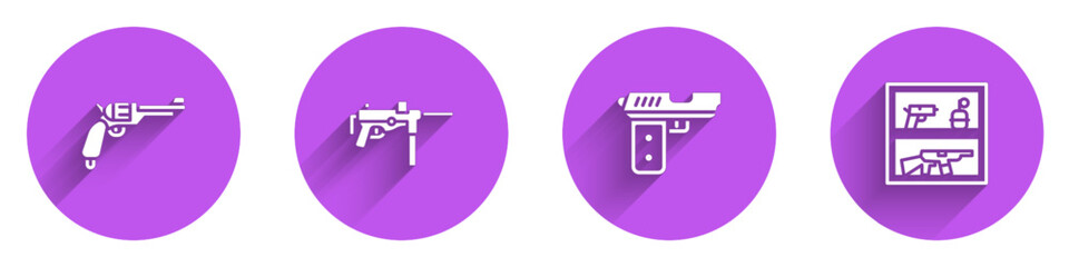 Set Revolver gun, Submachine M3, Pistol or and Hunting shop weapon icon with long shadow. Vector