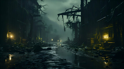 Foggy night in the abandoned city. 3D rendering.