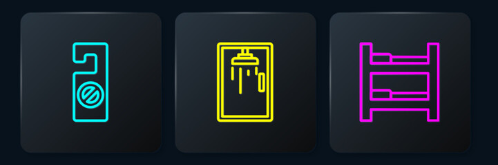 Set line Please do not disturb, Hotel room bed and Shower cabin. Black square button. Vector
