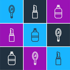 Set line Hand mirror, Perfume and Lipstick icon. Vector