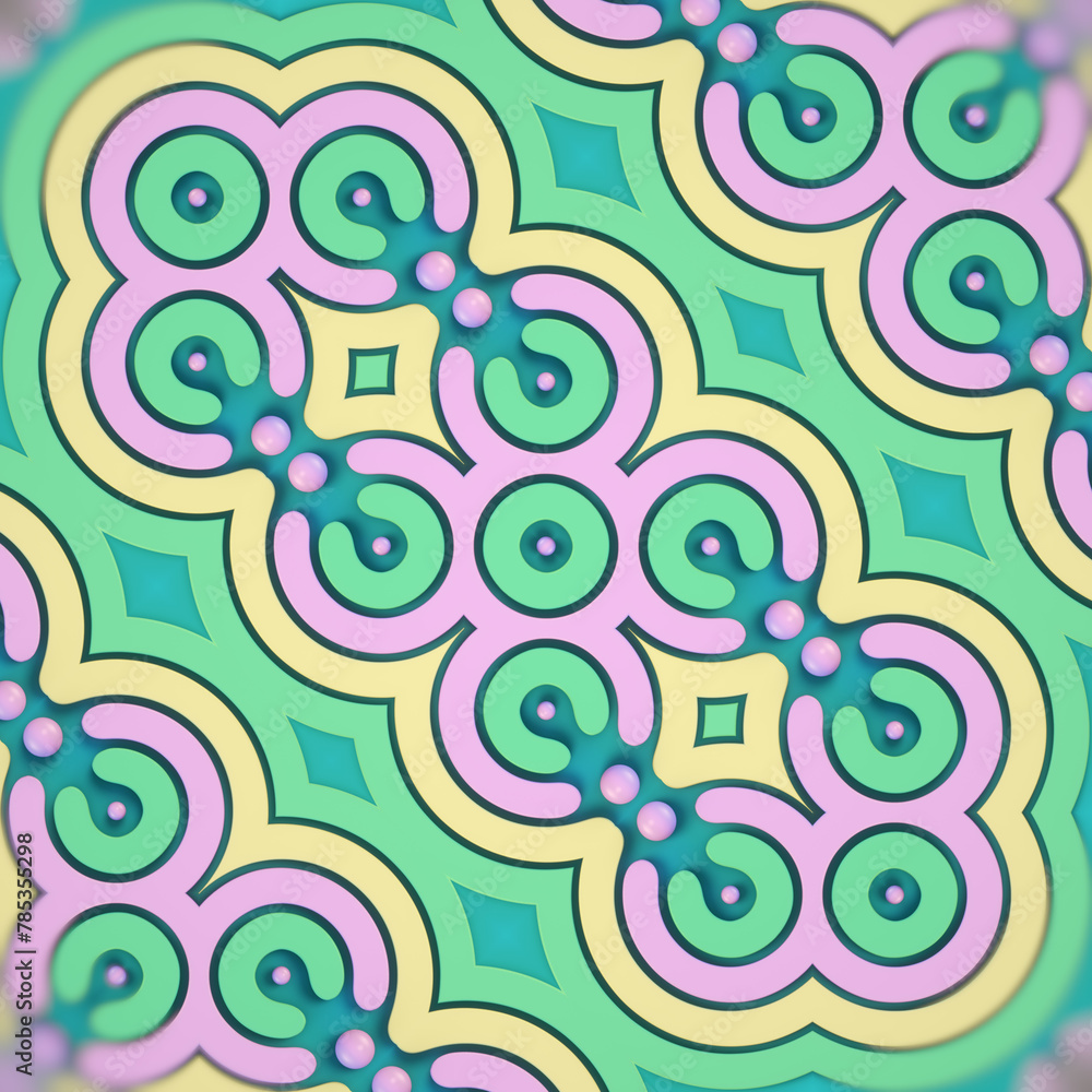 Poster a kaleidoscope of colorful shapes made of rings and spheres on a light blue background. 3d rendering