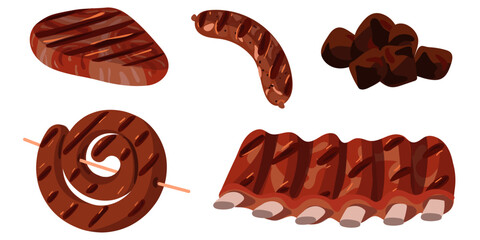 A set of grilled meat products. Isolated juicy beef or pork meat with strips from the grill. A ready-made dish for a restaurant, a menu for a cafe, a banner with a place to copy on a white background