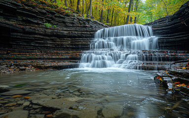 Dreamscape of cascading water captured through long exposure