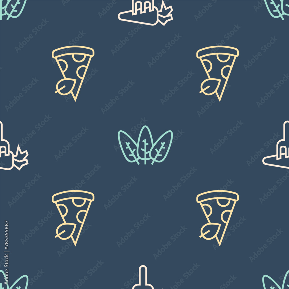 Poster set line carrot, vegan pizza slice and leaf on seamless pattern. vector
