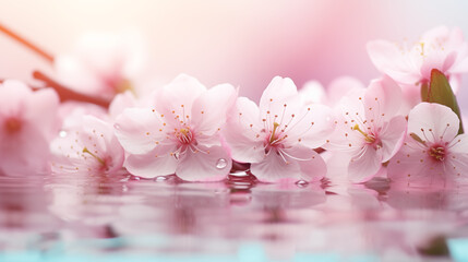 Tranquil Pink Cherry Blossoms with Water Droplets and Reflection