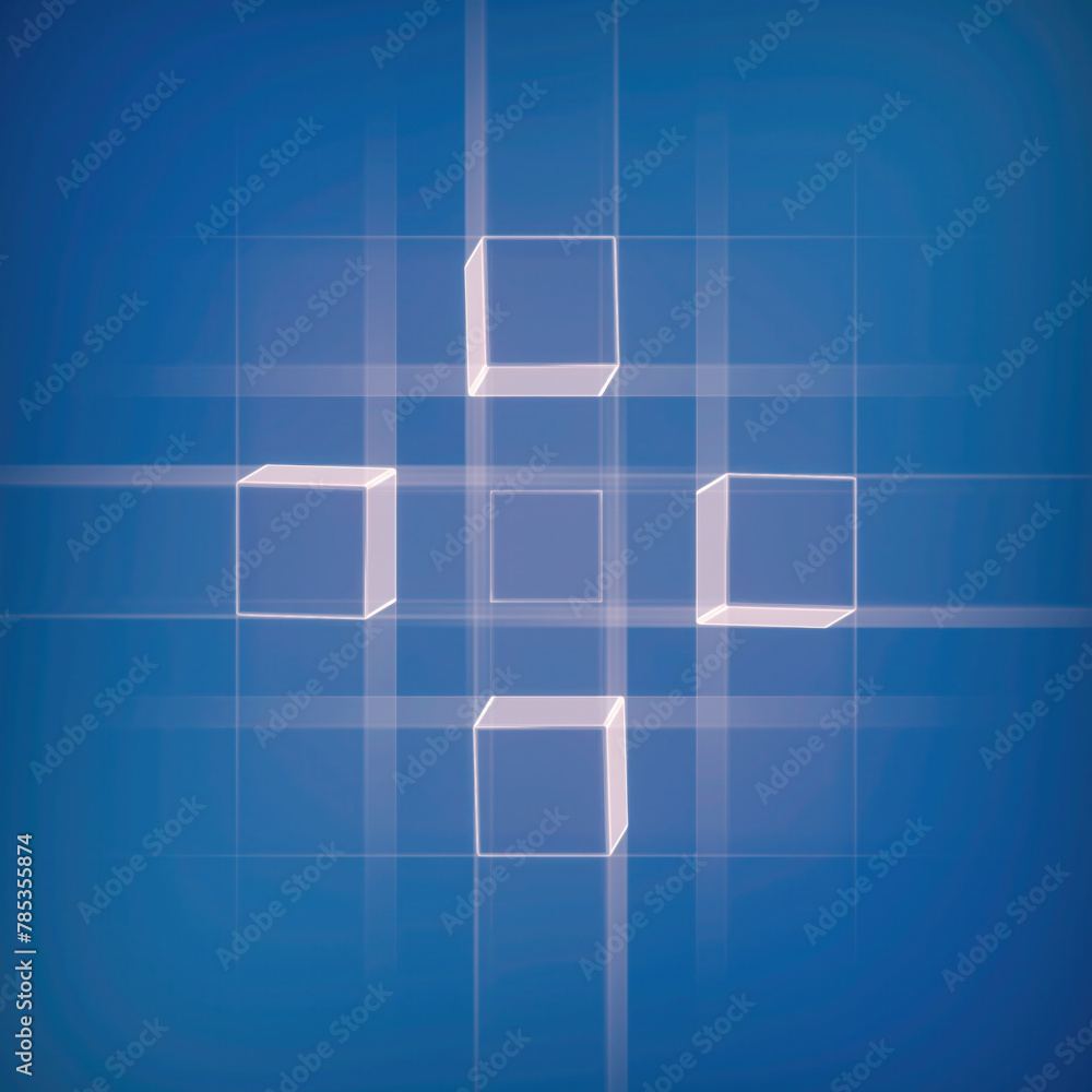 Poster Mesmerizing patterns of geometric shapes against a blue background. 3d rendering digital illustration
