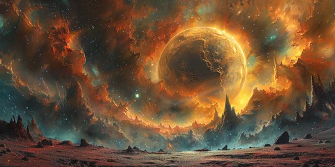 Gordijnen Cosmic landscape on a distant planet in space © Julia