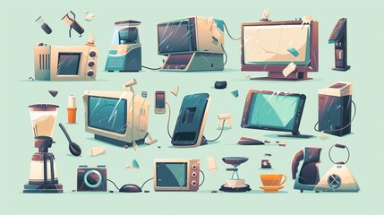 Cartoon vector set of broken home appliances, including damaged blender, coffee machine, PC monitor, electric kettle, conditioner, smartphone, and microwave, depicted as destroyed technics and