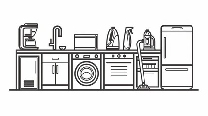 Collection of various appliances in a black line art style on a white background, featuring a vacuum cleaner, washing machine, and refrigerator, designed for web, sites, banners, prints, and posters
