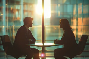 young business man and woman in suits sit face to face with a table between them, talking to each...