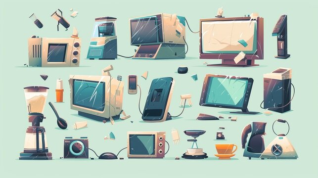 Cartoon vector set of broken home appliances, including damaged blender, coffee machine, PC monitor, electric kettle, conditioner, smartphone, and microwave, depicted as destroyed technics and