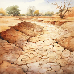 Watercolor depiction of a dried-up riverbed with fractured earth, symbolic of the severe droughts affecting various regions, highlighting urgent climate change issues. - obrazy, fototapety, plakaty