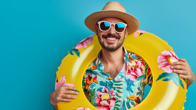Front View Cheerful Man Ready for Summer. Cheerful young man in summer hat and sunglasses holding an inflatable ring, ideal for vacation-themed designs.