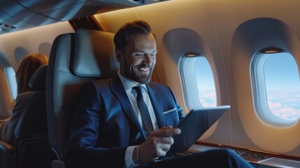 Handsome businessman smiling while sitting in the style of business class on an airplane