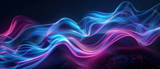 Data transfer technology concept wallpaper texture background banner illustration - Abstract futuristic with blue pink glowing neon lights moving high speed wave lines and bokeh lights.