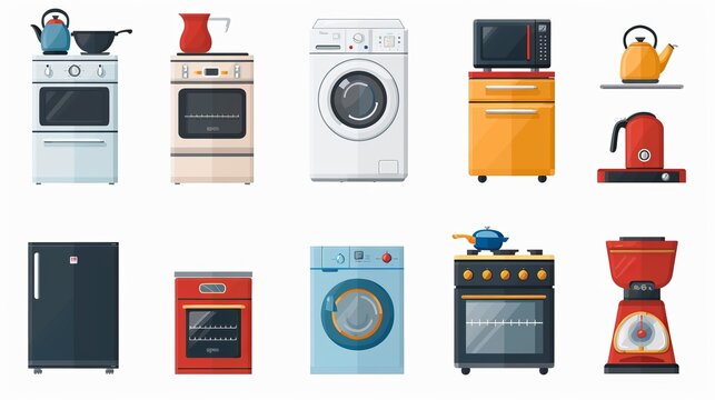 Isolated icons set of household appliances and electronics, including refrigerator, freezer, washing machine, tumble dryer, dishwasher, cooker, hob, gas stove, and coffee machine