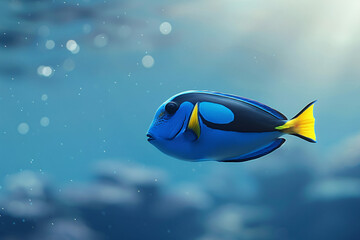 Fototapeta na wymiar A colorful variety of tropical fish swim in a blue colored aquarium