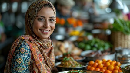 Fototapeta premium Cheerful Muslim woman enjoys in lunch with her family at home